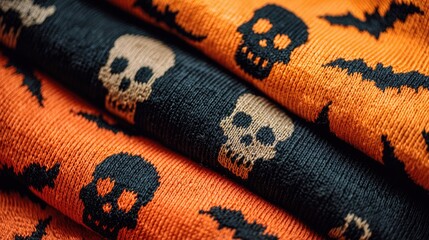 Fototapeta premium Halloween-themed fabric design featuring skulls and bats pattern