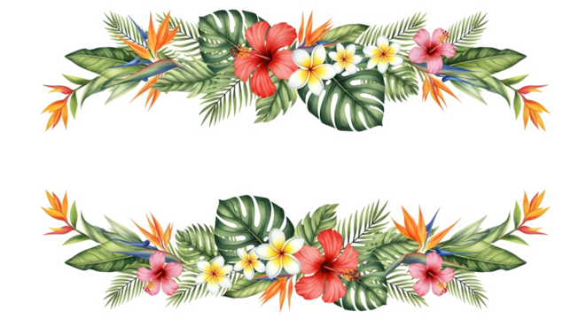 Watercolor tropical arrangement isolated on transparent background with hibiscus and leaves
