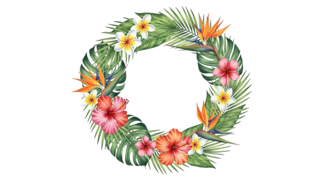Watercolor tropical wreath isolated on transparent background with hibiscus and leaves - Powered by Adobe