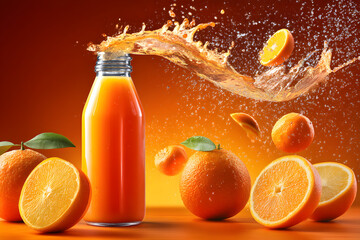 Citrus Burst: A vibrant scene showcasing fresh orange juice splashing out of a bottle, surrounded by halved oranges, conveying freshness and refreshment.