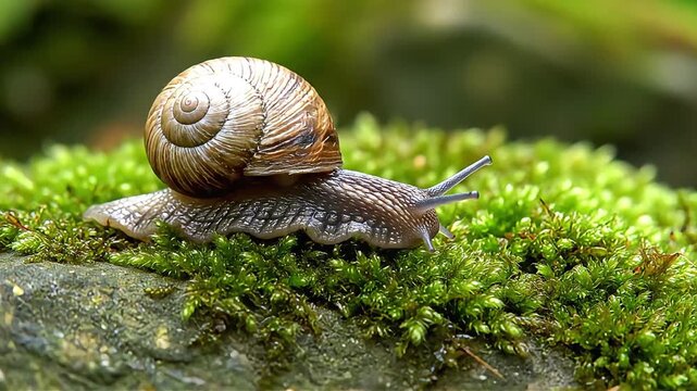 Detailed close-up of a brown snail with a spiral shell crawling on lush green moss.