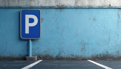 Blue parking sign with white P stands on concrete floor near rough wall. Empty car park space with white line marker. Urban transport guidance concept.