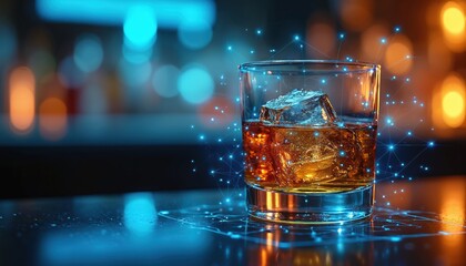 Glass of amber whiskey with ice cubes sits on glossy counter. Blue digital data points, glowing network lines surround drink. Modern tech innovation meets luxury spirits in futuristic bar. Elegant