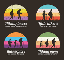 Family travel. Parents and children with trekking poles. 60s label set