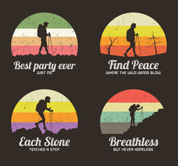 Hiking with trekking poles. People at mountains. Retro 60s label set