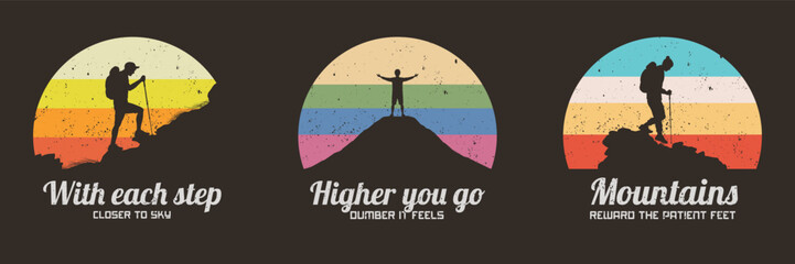 Climb with trekking poles. Man walk on rocky mountain. 60s label set