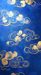 Golden Clouds of serenity: Golden clouds gracefully dance against a backdrop of deep indigo, creating a mesmerizing atmosphere, the image invites a sense of tranquility and wonder.