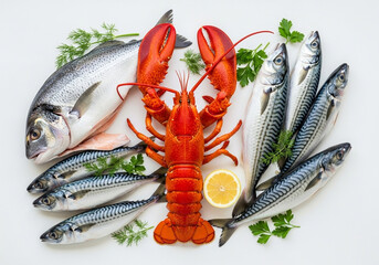Gourmet Seafood: Whole Cooked Lobster, Sea Bream, and Raw Mackerel with Lemon and Herbs

