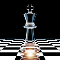 A translucent chess king stands poised a symbol of strategic brilliance on a checkered plane backlit
