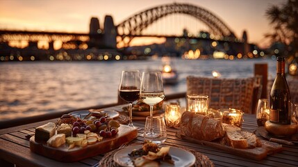 Romantic Dinner Setting with Wine and Cheese Near Sydney Harbour Bridge