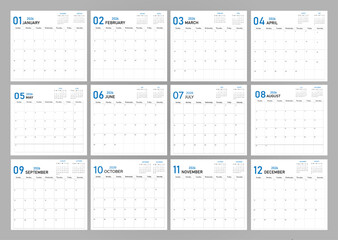 Calendar layout of 2026 | Monthly diary planner in 2026 | Monthly calendar template for 2026 year with blue font | Wall calendar in a minimalist style with previous and next month 