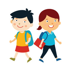 Smiling children go to school with bags on white background