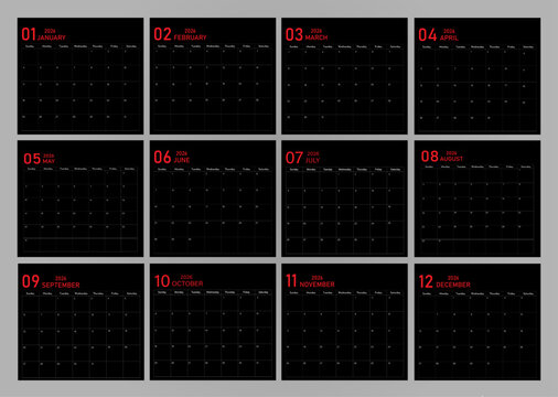 Calendar layout of 2026 | Monthly diary planner in 2026 | Monthly calendar template for 2026 year | Wall calendar in a minimalist style with red font color on black background