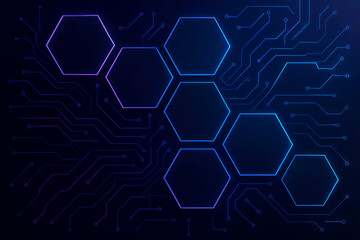 Digital circuit board pattern with glowing hexagonal shapes in blue and purple technology network