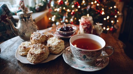 Fototapeta premium Cozy Holiday Tea Setting with Scones and Decorated Christmas Tree