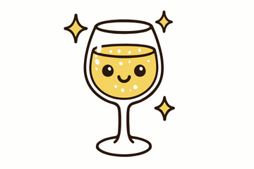 Cute kawaii cartoon glass of sparkling wine with smiley face and sparkles
