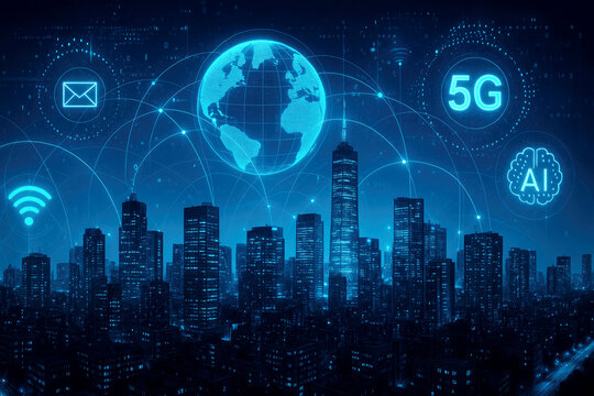 Digital Cityscape with Global Network, 5G, AI, Email, and Wi-Fi Icons skyscrapers buildings