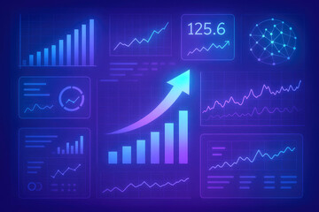 Digital dashboard with various financial and data charts and graphs statistics analytics