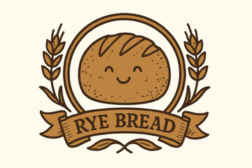 Cute smiling rye bread cartoon emblem with wheat decoration