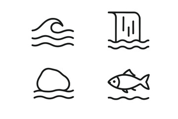 Minimalist water-themed icons: wave, waterfall, rock, fish in black and white