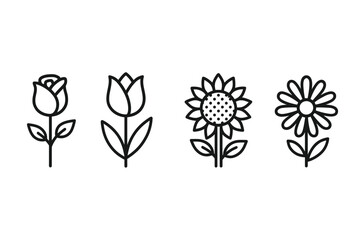 Minimalist line drawings of rose, tulip, sunflower, and daisy flowers