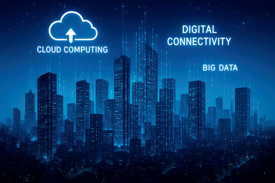 Digital connectivity concept with cloud computing and big data over a dark cityscape skyline skyscrapers