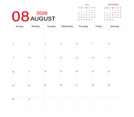 August month calendar layout of 2026 | Monthly diary planner in 2026 | Monthly calendar template for 2026 year | Wall calendar in a minimalist style with previous and next month calendar