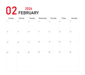 February month calendar layout of 2026 | Monthly diary planner in 2026 | Monthly calendar template for 2026 year | Wall calendar in a minimalist style with black and red font color
