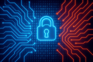 Digital padlock glowing blue on a circuit board with binary code technology security
