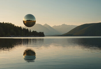 Floating Sphere Over Lake: An ethereal scene unfolds as a reflective sphere levitates above a serene lake, mirroring the surrounding landscape of mountains and trees. Ai generated image.