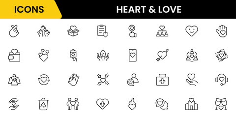 Heart, love, charity, and donation outline icons are set isolated on a white background in a flat vector illustration.