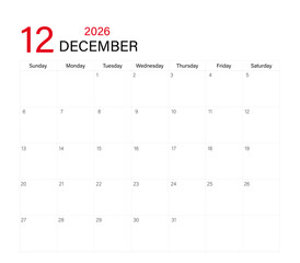 December month calendar layout of 2026 | Monthly diary planner in 2026 | Monthly calendar template for 2026 year | Wall calendar in a minimalist style with black and red font color