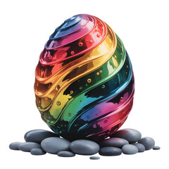 A shimmering rainbow Easter egg perched on smooth grey stones radiating festive joy and iridescent