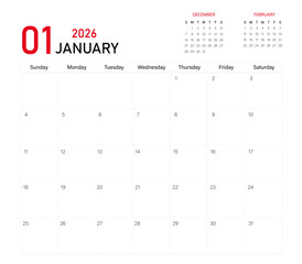 January month calendar layout of 2026 | Monthly diary planner in 2026 | Monthly calendar template for 2026 year | Wall calendar in a minimalist style with previous and next month calendar