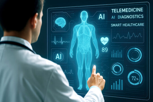 Doctor using AI telemedicine diagnostics interface with human anatomy and vital signs artificial intelligence
