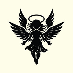 Obraz premium Angel with Wings and Halo Black Silhouette Vector Icon