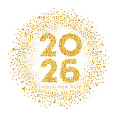 Happy New Year 2026 background design with gold typography and confetti. 