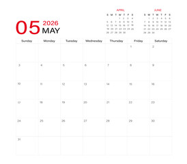 May month calendar layout of 2026 | Monthly diary planner in 2026 | Monthly calendar template for 2026 year | Wall calendar in a minimalist style with previous and next month calendar