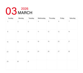 March month calendar layout of 2026 | Monthly diary planner in 2026 | Monthly calendar template for 2026 year | Wall calendar in a minimalist style with black and red font color