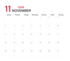 November month calendar layout of 2026 | Monthly diary planner in 2026 | Monthly calendar template for 2026 year | Wall calendar in a minimalist style with black and red font color