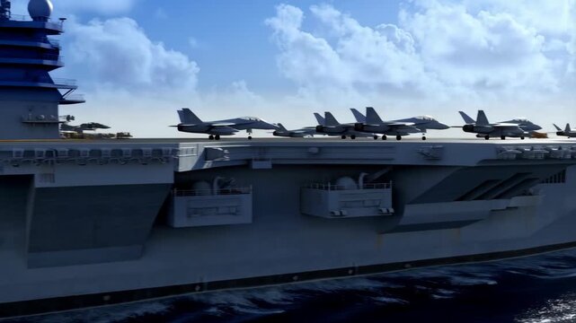 Naval aircraft carrier with fighter jets lined up on deck