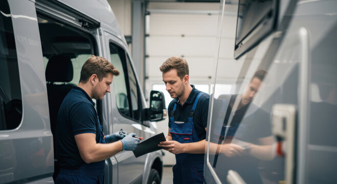 Two mechanics discussing maintenance checklist in RV repair shop - Powered by Adobe