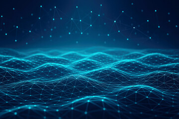 Futuristic Blue Digital Network with Wavy Terrain and Glowing Connections image photo
