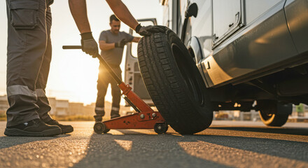 Two men changing a tire on an RV at sunset in a parking lot  