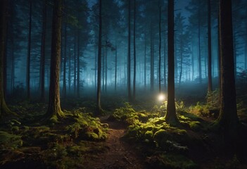Naklejka premium Mystical Forest at Twilight: An enchanting forest bathed in the soft glow of twilight, with ancient trees standing tall amidst an atmosphere of tranquility and mystery. Ai generated image