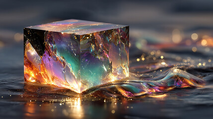 Iridescent Crystal Cube on Liquid Surface