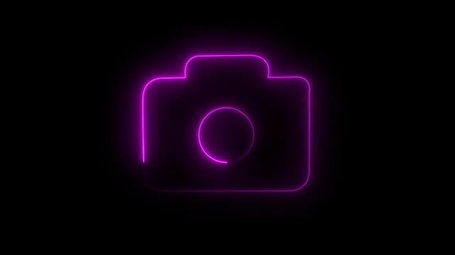 Glowing neon camera icon isolated , recording, and film themes,  animated on black background.