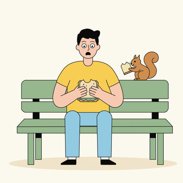 Humorous vector of a man sitting on a park bench surprised by a squirrel stealing his sandwich. Minimal retro style illustration.