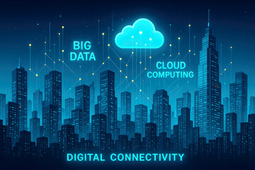 Futuristic cityscape with glowing cloud computing and big data network connections skyline skyscrapers