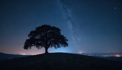 Silhouette of a lone tree atop a grassy hill under a starry night sky with the Milky Way visible. Distant city lights glow on the horizon, suggesting a peaceful rural landscape.